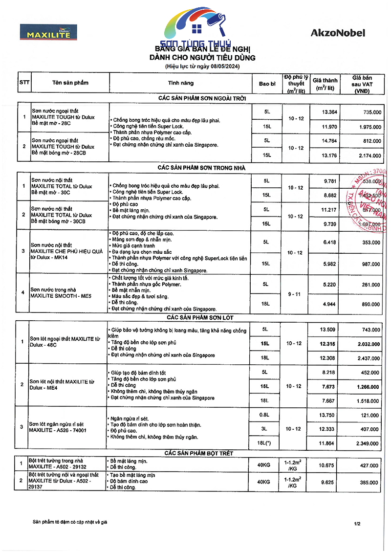 Bảng giá sơn Maxilite