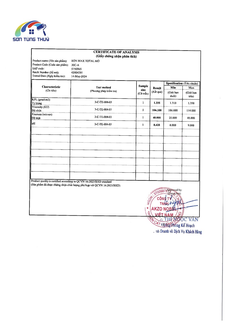 Giấy chứng nhận công trình sơn Maxilite ngày 29/11/2024