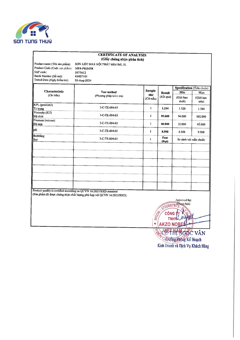 Giấy chứng nhận công trình sơn Maxilite ngày 29/11/2024