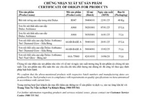 Giấy chứng nhận xuất xứ sản phẩm Dulux công trình Ông Doãn Văn Kiên